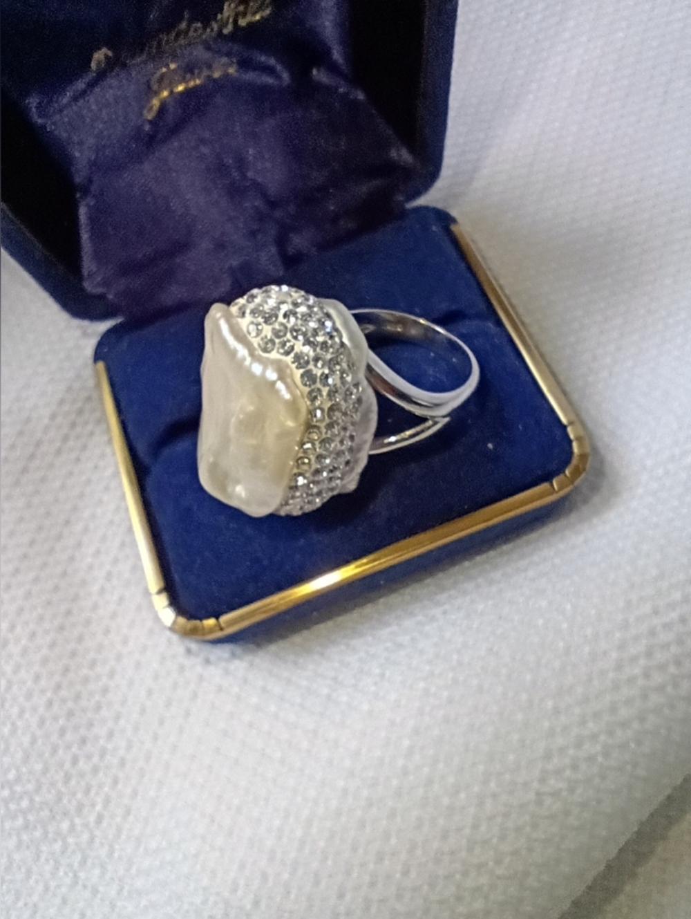 Stunning Stacked Pearl Crystal Sterling Silver Domed Statement Ring Size 6.25
